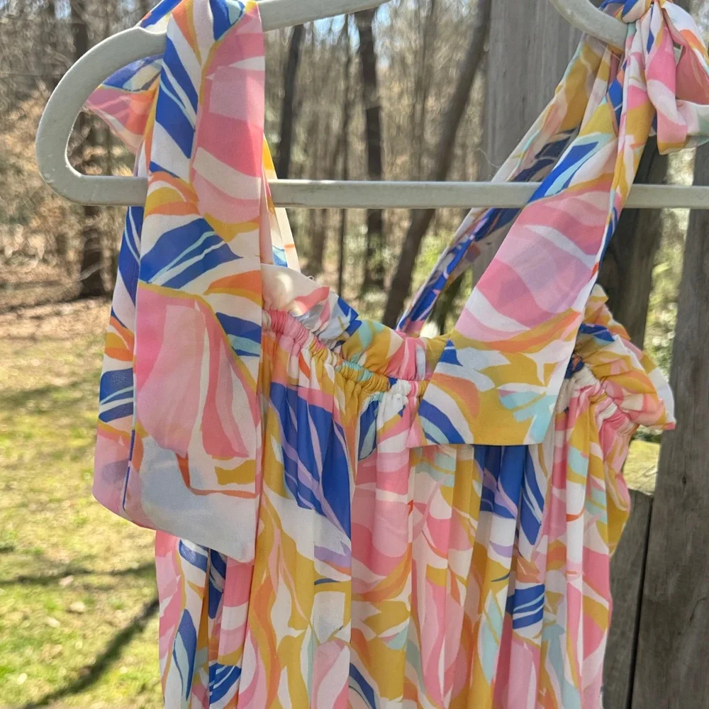 vestique Pink, Blue, Yellow & Cream Ruffle-Top Dress - Picture 8 of 9